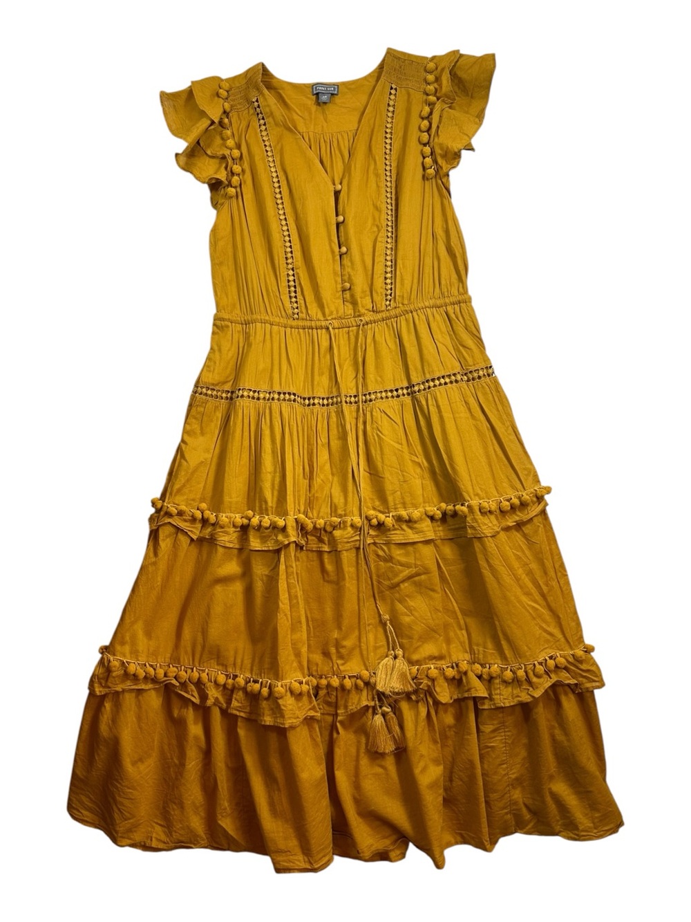 Point Sur by J. Crew Tiered Ruffled Midi Dress with Pom Pom’s  Size 10